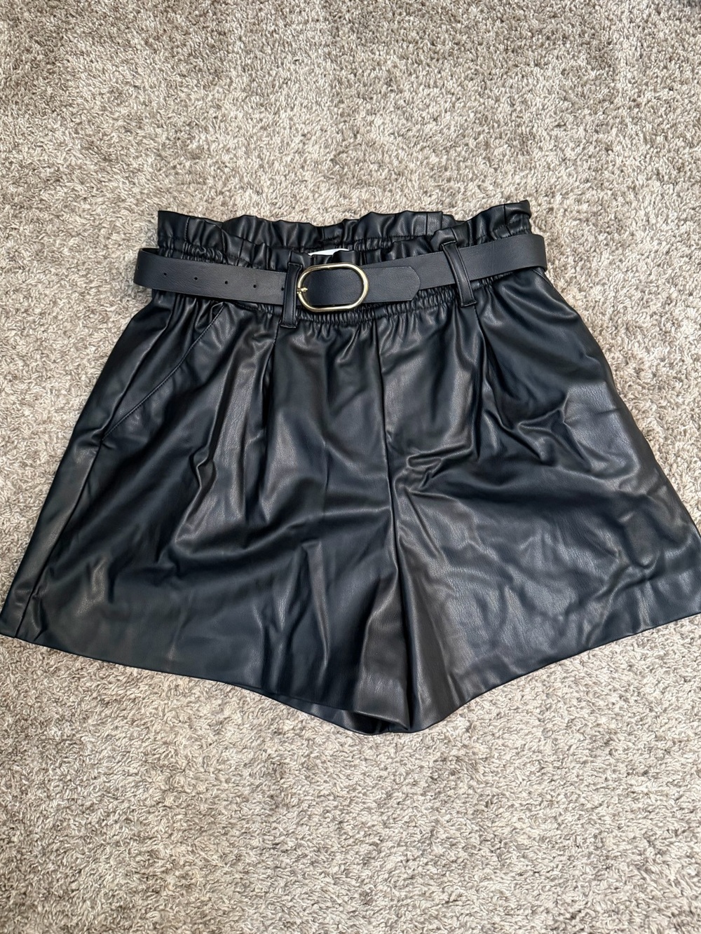 Zara Black High-Waist Faux Leather Paperbag Shorts with Belt